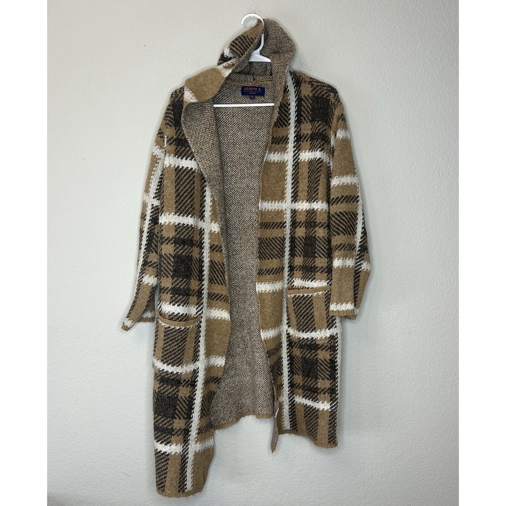 Joseph A. Hooded Plaid Cardigan Sweater Women's 2X Brown Tan White Pockets 2XL